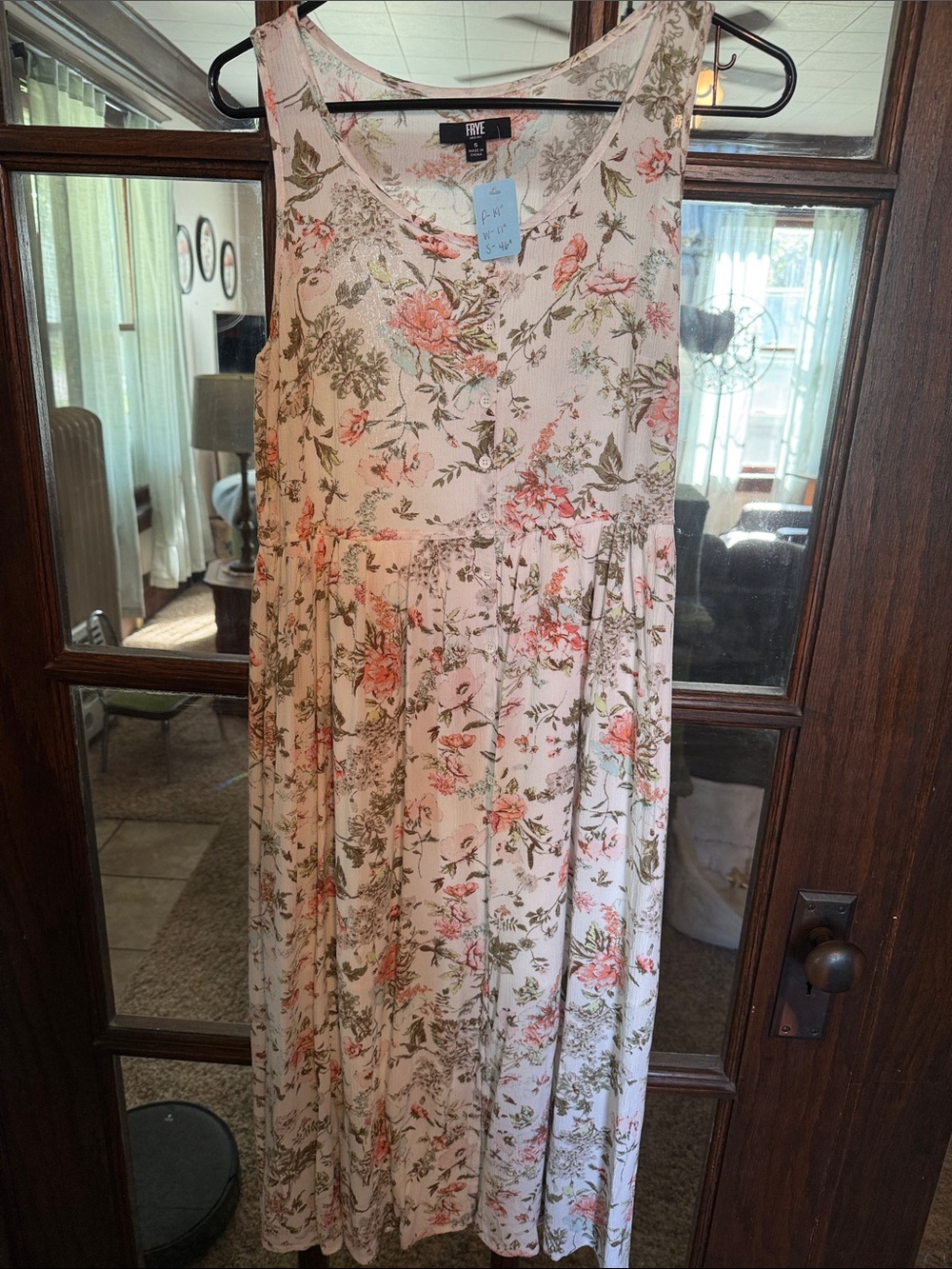 Frye Women Cream Floral Rayon Midi Dress Sleeveless Button Front Pockets Small